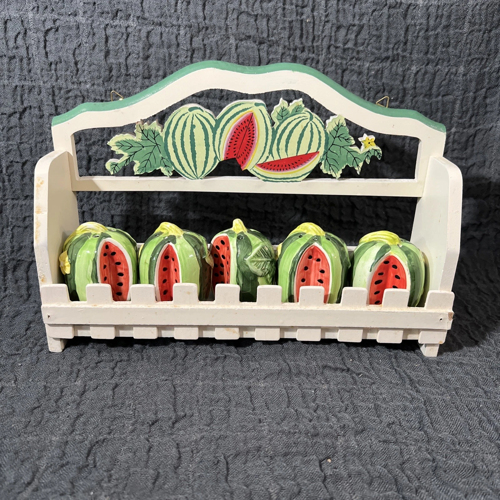 Vintage Wooden Spice Rack with 5 Ceramic Bottles Watermelon ￼Shaped