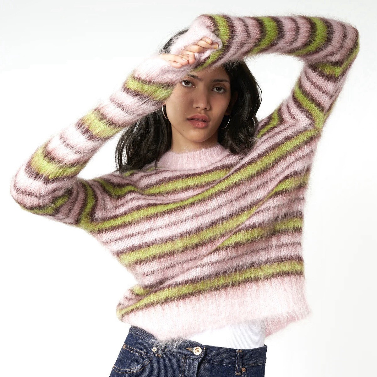 Marni Striped Mohair Wool Blend Knit Sweater Pink/Brown/Green Size 