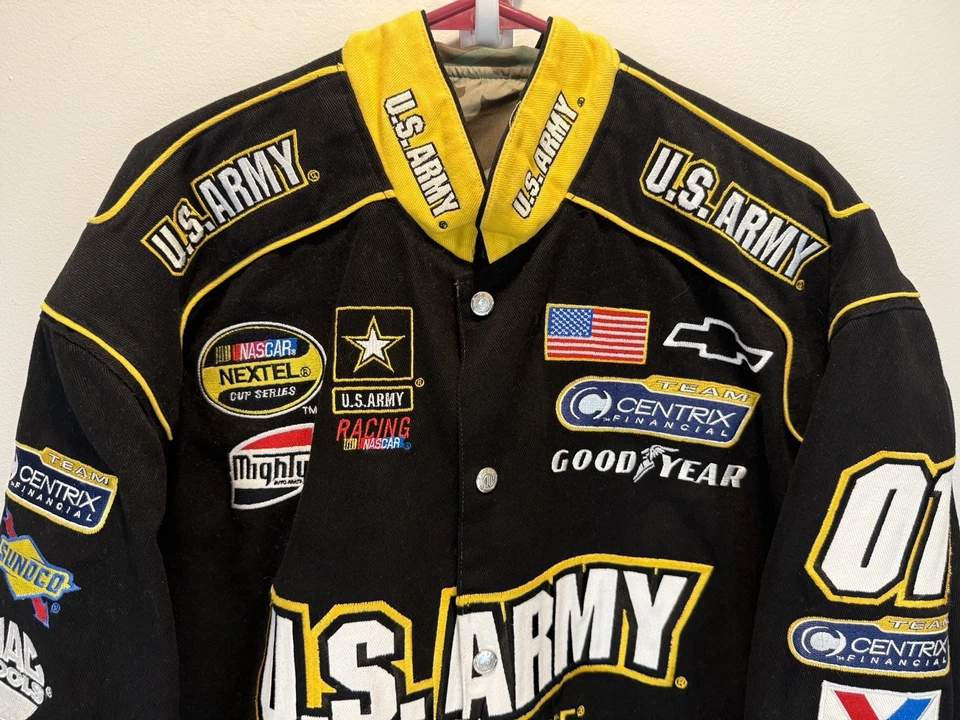Jaqueta de corrida JH Design NASCAR 2006 exército dos EUA Joe Nemechek camuflagem reversível média. - Imagem 2 de 4