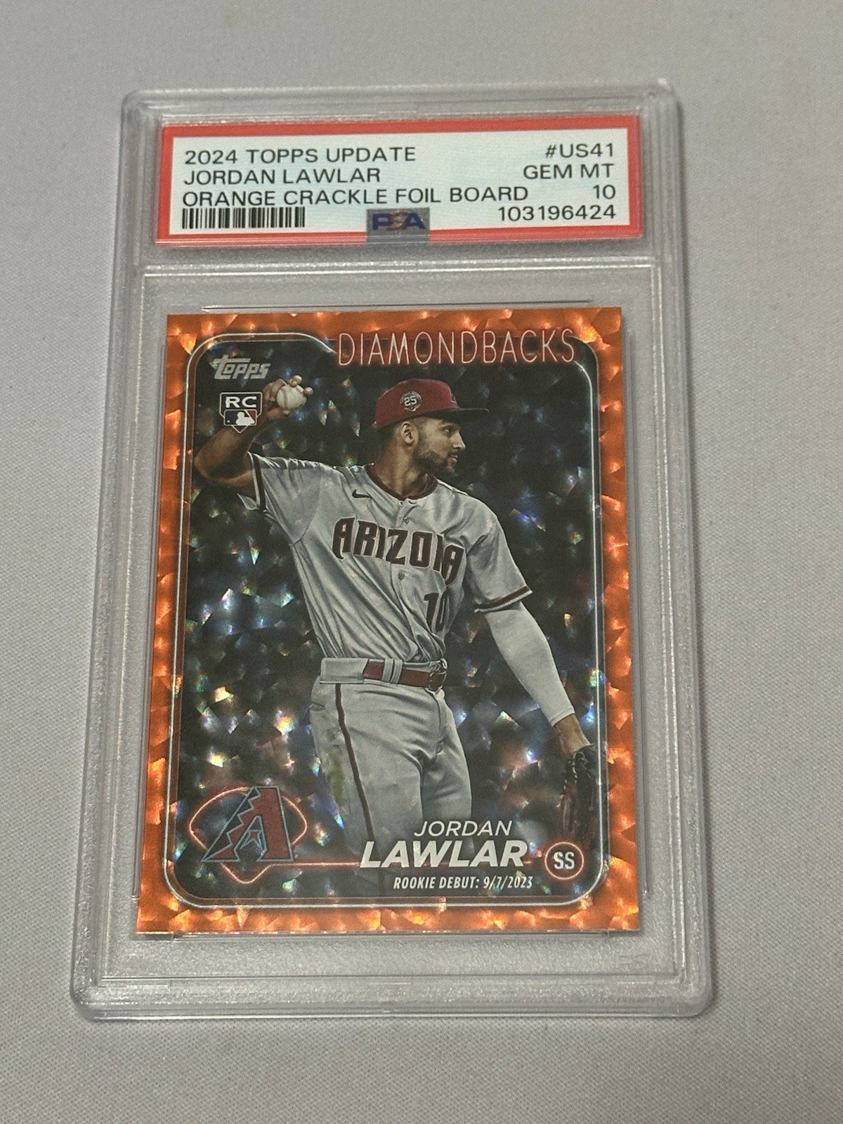 2024 Topps Update Rookie Debut Orange Crackle Foil Jordan Lawlar RC /299 PSA 10