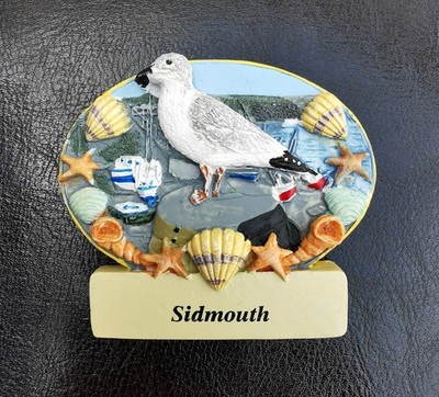 KÜHLSCHRANKMAGNET 3D SOUVENIR SIDMOUTH DEVON ENGLAND MÖWE STRAND MUSCHELN HARZ