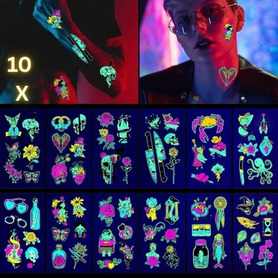 CAYUDEN 10 x Glow in the Dark Neon UV Temporary Tattoos 12 Sheets Face Stickers. REDUCED