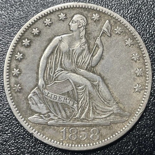 1858 O Seated Liberty Silver Half Dollar 50c AU Details Cleaned