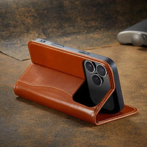 For iPhone 17 Pro Max 15 14 16 Genuine Leather Card Slot Flip Stand Wallet Case - Picture 7 of 17