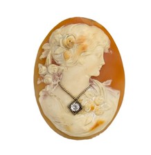 Vintage Large Carved Shell Cameo w/Diamond Necklace, 2-1/8''long X 1-5/8'' Wide