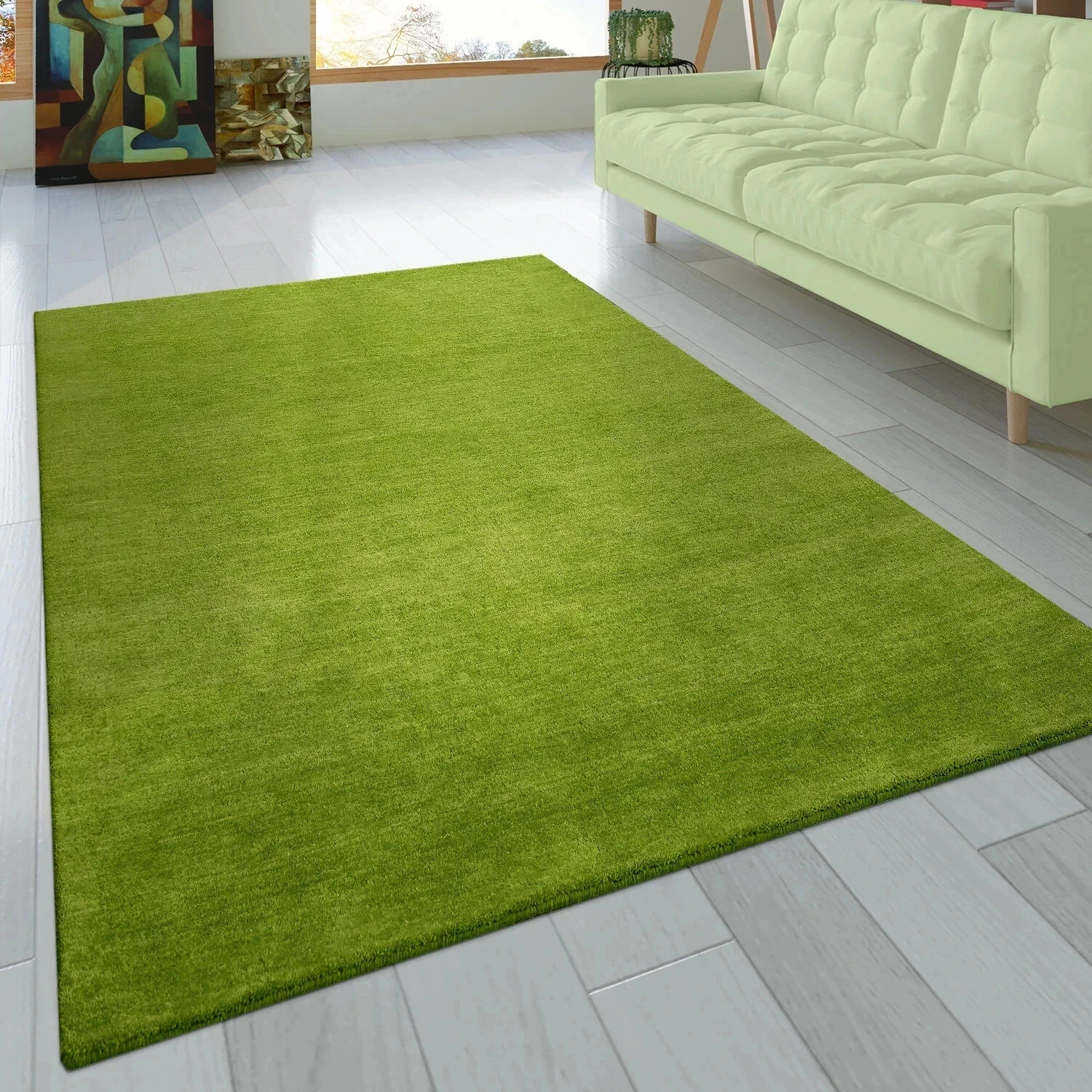 Handloom Solid Green Wool Rug–5x8 8x10 ft Handmade Carpet for Modern Living Room