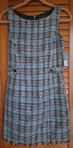Laundry Shelli Segal Tweed Plaid Turquoise Fringe Accent Lined Jumper Sz 4 NWT - Picture 2 of 19