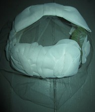 Vintage white bridal hat w fabric roses  bow, green leaves, full face veil