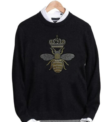 New Men Luxury Diamond Bee Crown Rhinestones Fashion Knitted Black Sweater