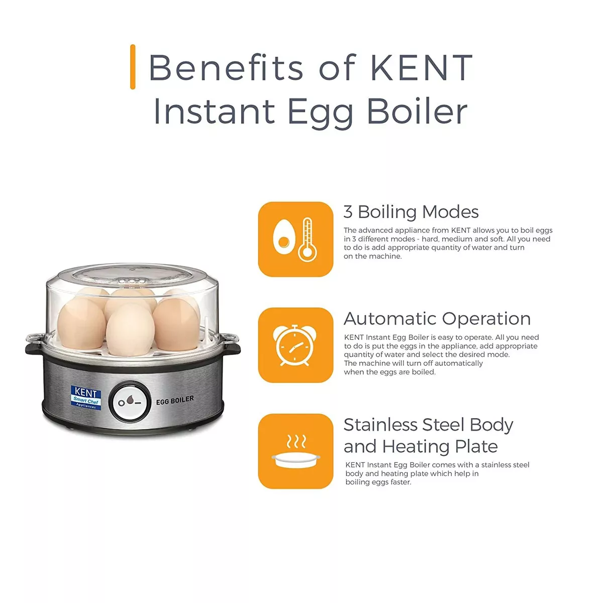 Kent Instant Egg Boiler 16020 360 Watt 220 V Transparent