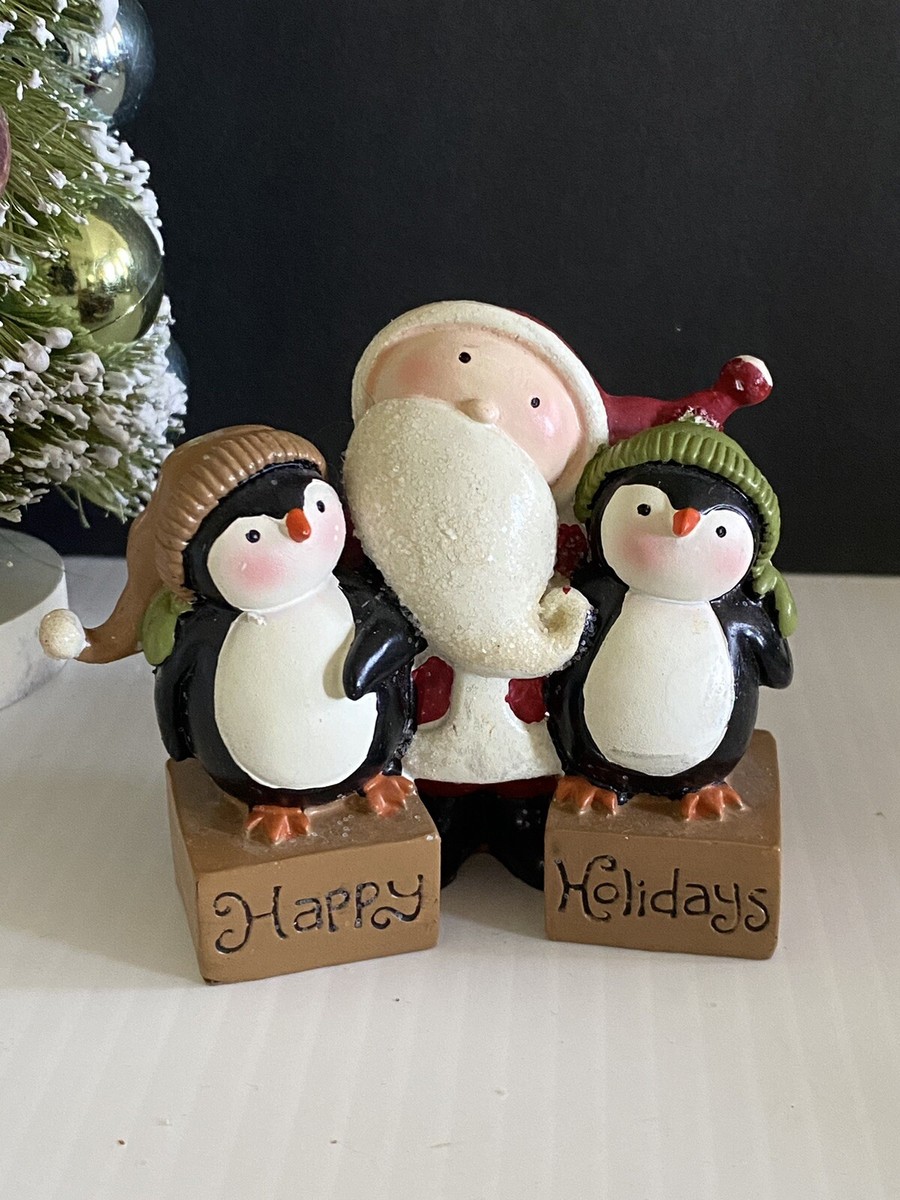 Blossom Bucket Christmas Figurine Santa/Penguins “ Happy Holidays