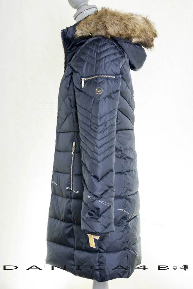 Cappotto tampone Michael Kors donna finiture in pelliccia sintetica con cappuccio trapuntato S blu navy