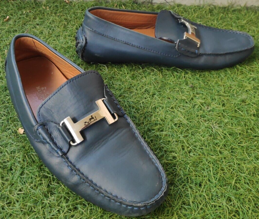 HERMES Men’s shoes Hermes Men's Navy Blue Leather Driving Shoes Loafers Size 42 | eBay