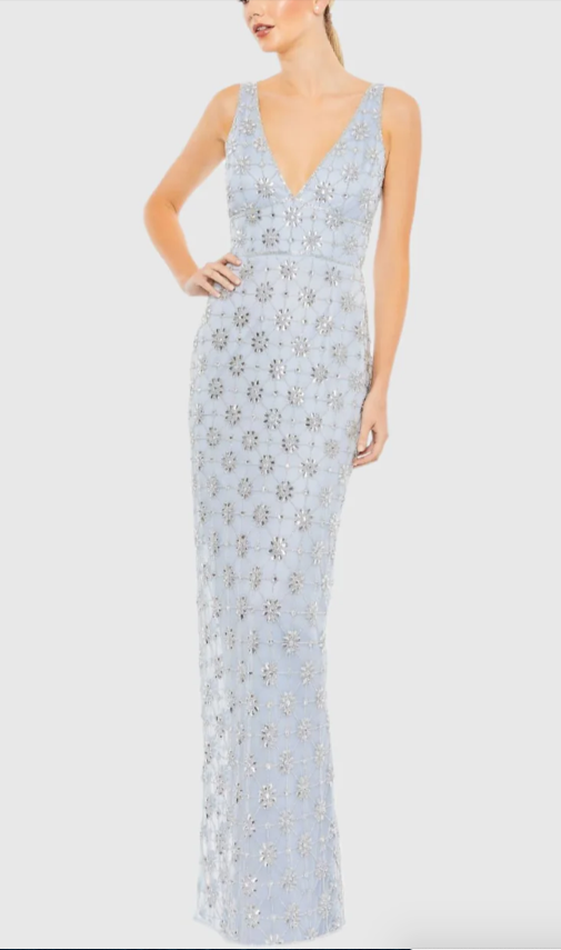 限定!!Mac Duggal アップリケディテール Vネック ドレス MAC DUGGAL A93744 EMBELLISHED MESH V-NECK SLEEVELESS POWDER