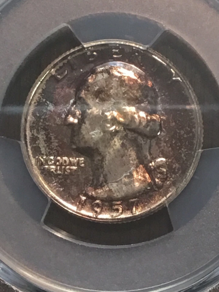 1957 US Washington TONED RED BLUE GOLD Silver 25 Cent PCGS PR67 Free Bonus Coin - Image 2 of 4