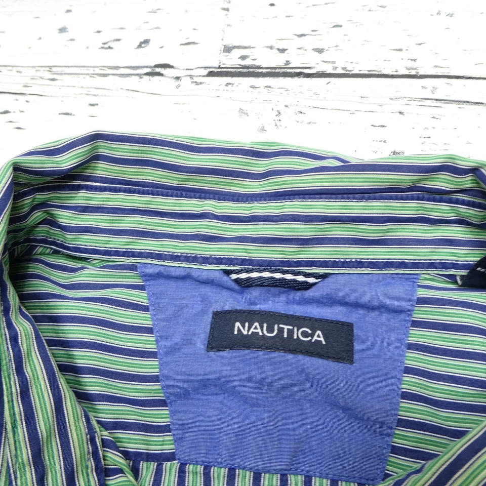 Camisa Nautica Para Hombre 2XL Verde Azul Rayas Algodón Abotonado Bordado Logo Foto 4 de 4
