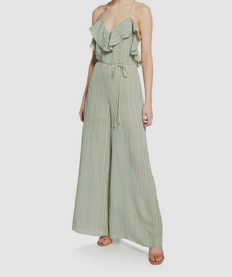 $260 Elliatt Women's Green Sleeveless Striped Ruffle V-Neck Jumpsuit Size Small