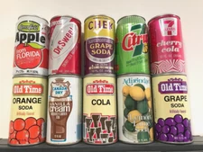 Soda Can Lot - 10 EMPTY, 12oz soda Pop CANS, 7Up, Grape soda, Cola, Canada Dry