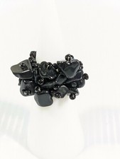 Artisan Black Glass Bead Stone Woven Style Cluster Ring Size 5