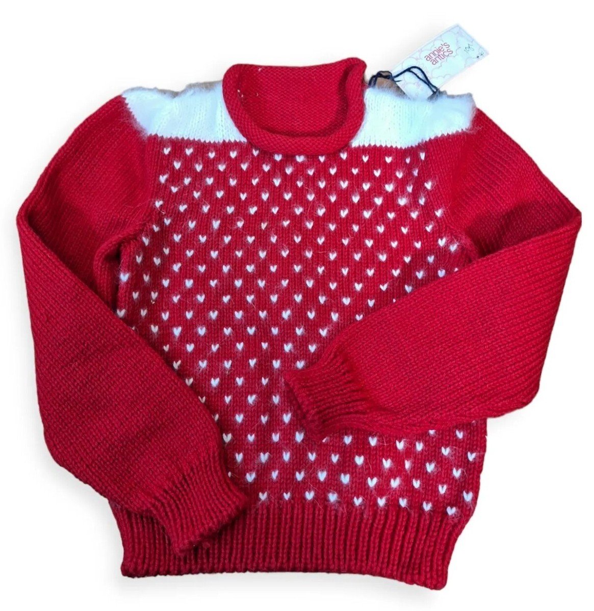 RARE NWT 1980s Girls Red Heart Sweater Acrylic Angora Puff Sleeves