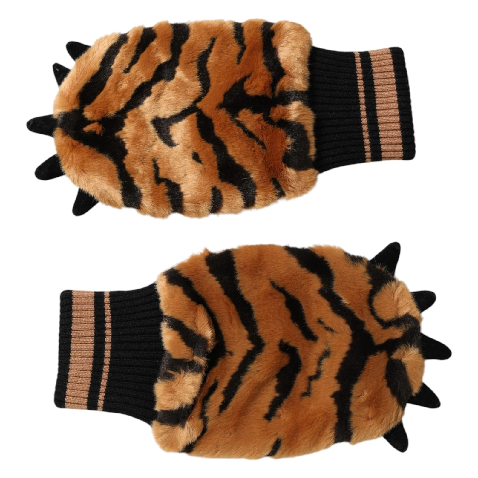 DOLCE & GABBANA Gloves Brown Tiger Knitted Fur Wrist Mitten One Size RRP 320usd