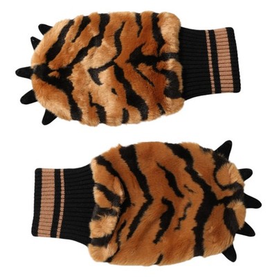 DOLCE & GABBANA Gloves Brown Tiger Knitted Fur Wrist Mitten One Size RRP 320usd
