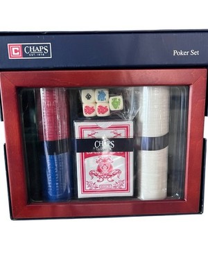 New Chaps Poker Set Wood Case Chips Cards Dice Game Set Red White Blue Gift