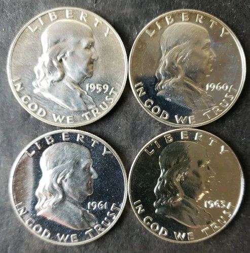 Lot of Four Proof 50c Franklin Silver Half Dollars