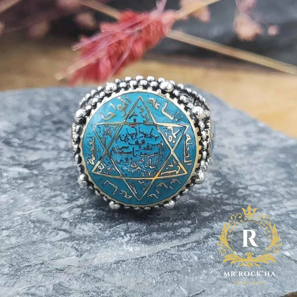 Anillo para hombre Sello de Salomón, esmalte turquesa, diseño con cuentas, cúpula redonda, plata 925 Foto 4 de 4