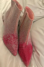 Women s Pink/Silver Rhinestone Pointed Toe Ankle Bootie Side Zip Block Heel 7