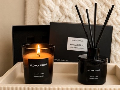 Aroma Home Lemon Basil & Citrus Scented Candle and Fragrance Diffuser Gift Set