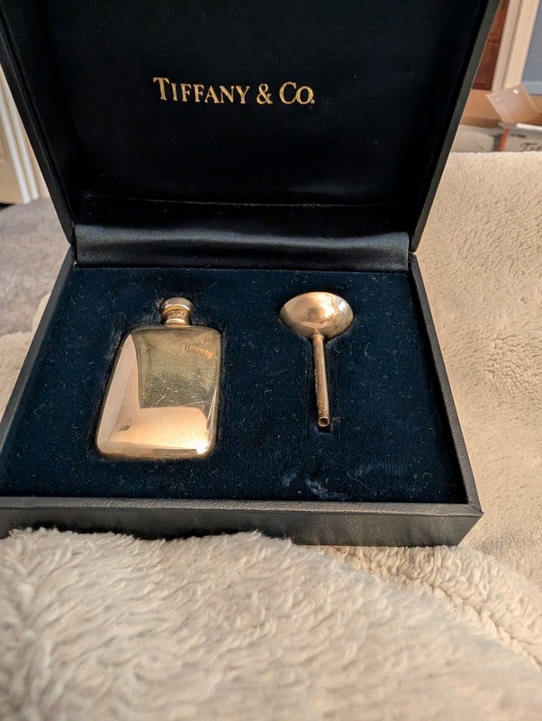 Tiffany & Co. Rose Water Sterling Silver Bottle and Funnel with Box,Pouch, & Bag