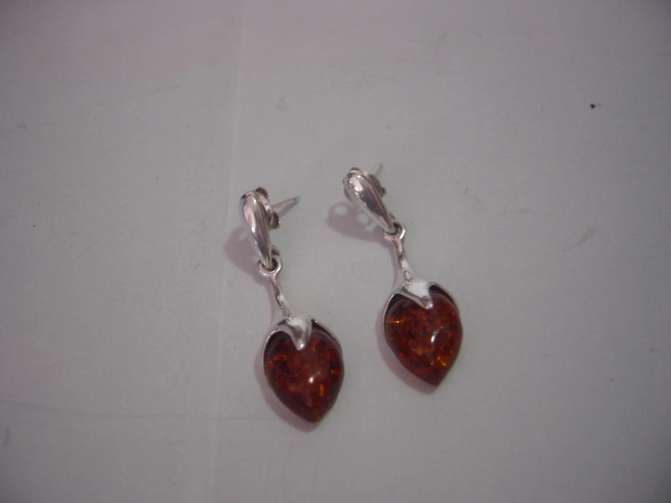 HERMOSO-PLATA MACIZA-DE COLECCIÓN-PENDIENTES HECHOS A MANO-ÁMBAR GENUINO-LIMPIADO-3,2 CM Foto 4 de 4