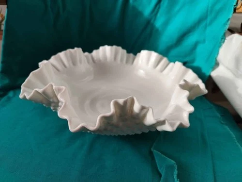 Vintage Fenton Milk Glass Hobnail Ruffled Edge Large Bowl/Compote 11.5" Round