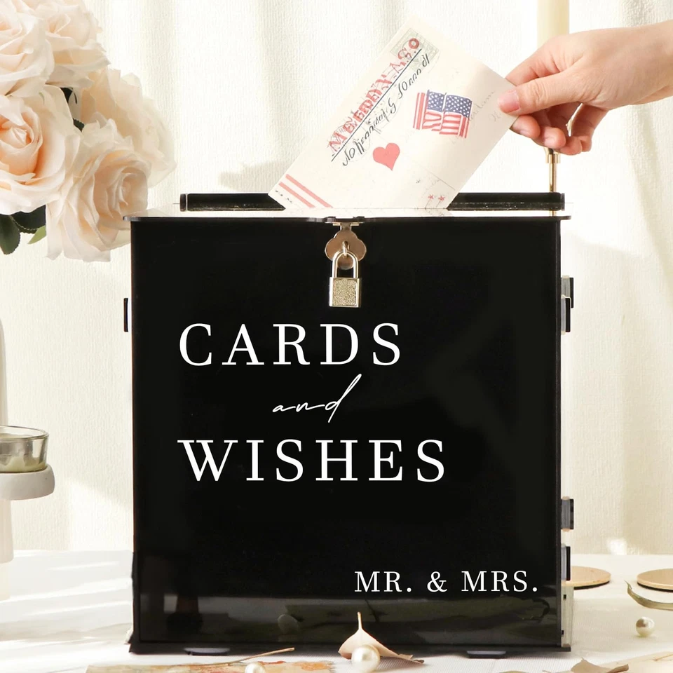 Черная акриловая коробка для карт со слотом и замком, сделай сам большие коробки для свадебных карт для рецепта... - Изображение 3 из 4