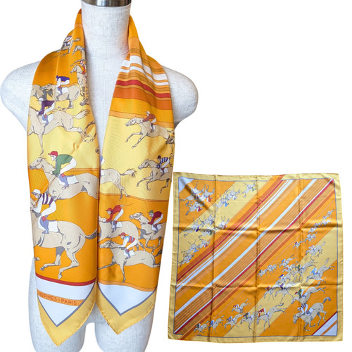 HERMES Carre 90 "Les Courses" 100% Silk Scarf Vintage Cleaned