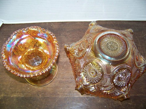 Fruit Bowl w/ Base Twins Carnival Marigold by Imperial Glass-Ohio Ruffled star - Picture 5 of 15