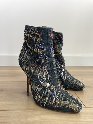 Gianmarco Lorenzi Denim Bestickte Stiefeletten Absatz Blau Größe 38 / US 7,5