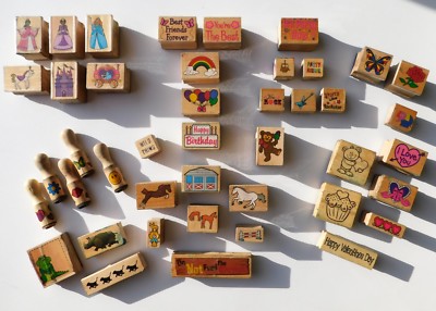 Lot of 42 Assorted Themed, Rubber Stamps, Wood Blocks, Pre-owned, Used, EGUC