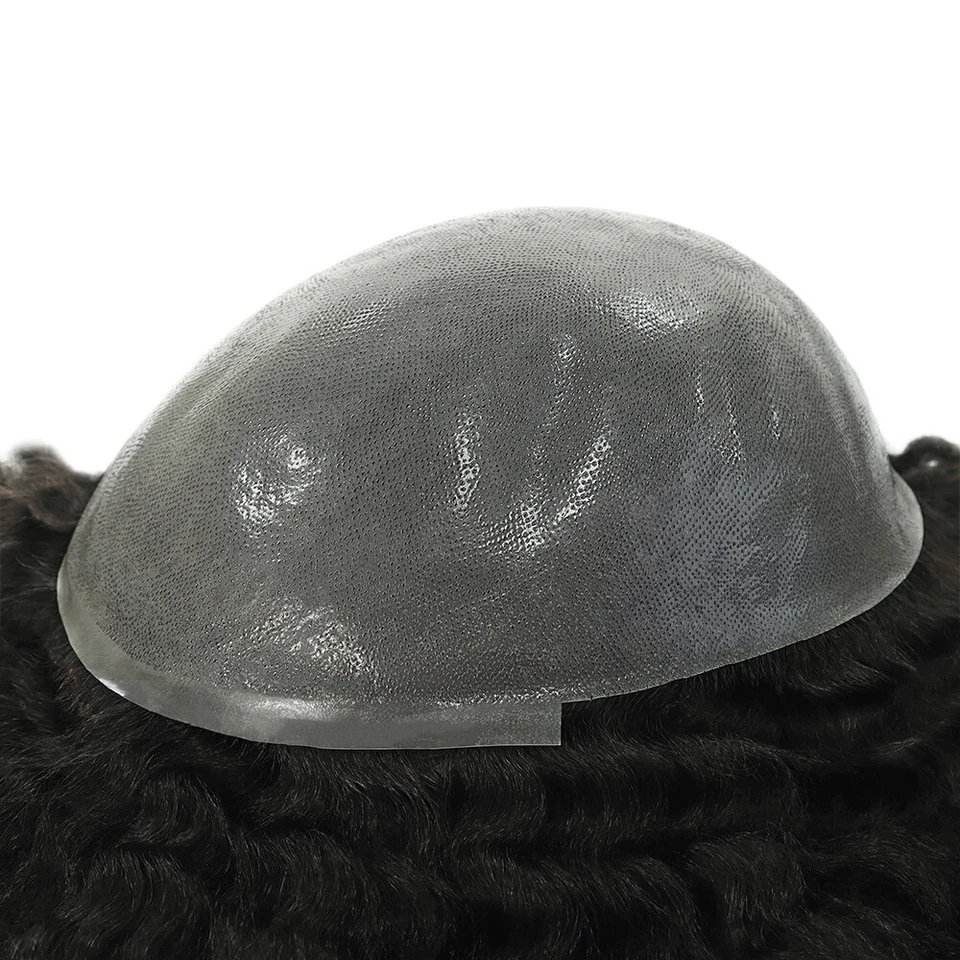 Mens Human Hair Replacement System Afro Curl Poly Skin Toupee Black Hair Pieces - Image 2 of 4