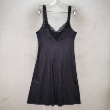 Vtg Black Stretch Lace Sheer V Neck Midi Slip Vassarette Womens Dress Size M