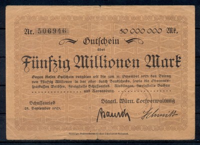 Germany 50 Millions Mark Schussenried Banknote Notgeld Gutschein 1923 Good Cond Ebay