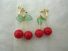 Earrings Two Cherries Red Green Leaves Non-Pierced Ears