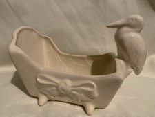 Vintage Stork On Cradle Ceramic Planter with Bow Cream Colored