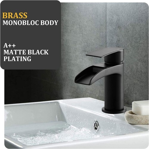 Waterfall Basin Mixer Taps Matte Black Bathroom Sink Taps Monoblock Single Lever - Picture 4 of 7