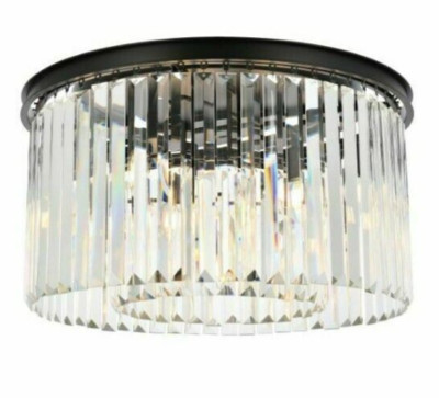 Crystal Foyer or Dining Room 8 Light Matte Black Flush Mount Chandelier 26 inch