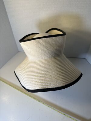 HBY White Open Top Sun Hat Visor Black Trim Adjustable Bow Detail