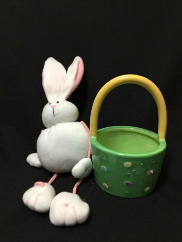 Cesta de baratija de lunares de cerámica Ganz con conejito de peluche ETIQUETAS NUEVAS - Imagen 2 de 4