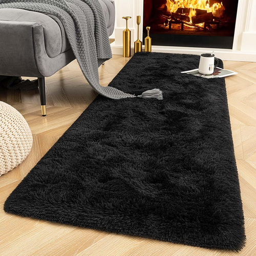 Fluffy Runner Rugs, 2X6 Feet Black, Super Soft Shaggy Carpet Fuzzy Long Fur Rug