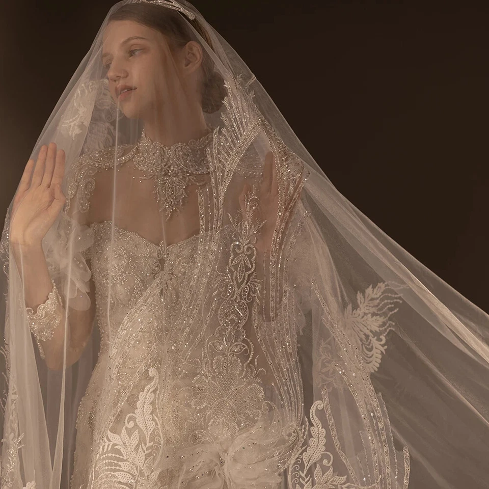 Роскошные свадебные платья русалки с высоким воротником серные манжеты с блестками свадебные платья - Изображение 4 из 4